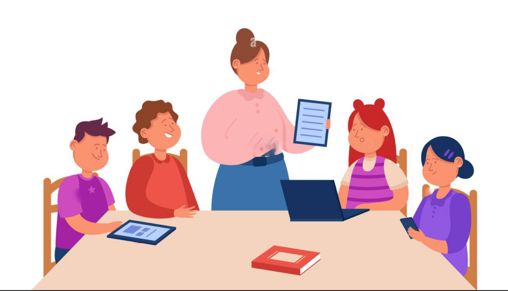 cartoon teacher explaining task to children sitting at table flat vector illustration students learning using gadgets tablets and laptop in school 2j2j0br